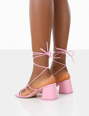 Fanatic Baby Pink PU Square Toe Lace Up Block Mid Heeled Sandals