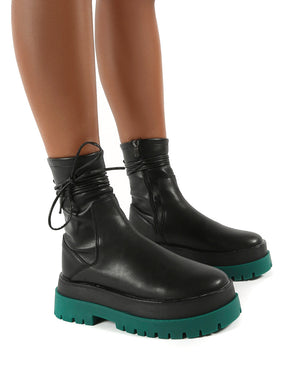 Finale Black Pu Green Chunky Sole Ankle Wrap Boots