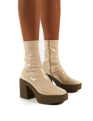 Jade Nude PU Block Heeled Ankle Boots