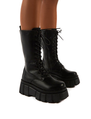 Jena Black Calf High Lace Up Chunky Sole Boots
