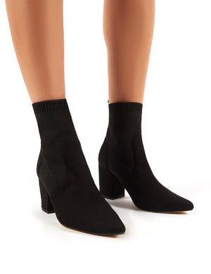 Nuala Black Suede Block Heeled Knitted Sock Fit Ankle Boots