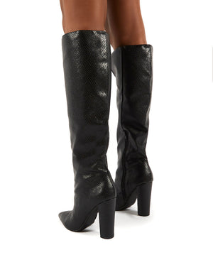 Slow Black Snake Knee High Block Heel Boots