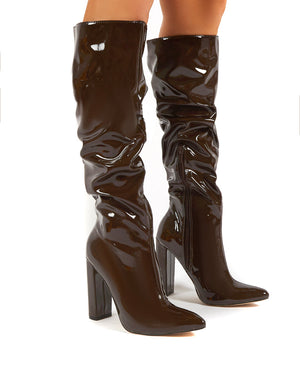 Yours Chocolate Patent Heeled Knee High Block Boots