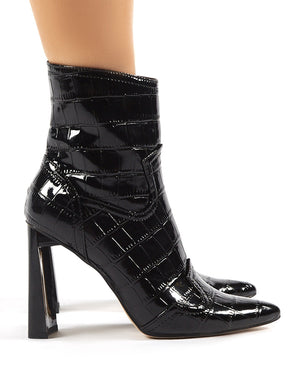 Elisa Black Patent Pointed Toe Block Heeled Ankle Boots