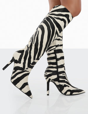 Best Believe Zebra PU Pointed Toe Heeled Knee High Boots