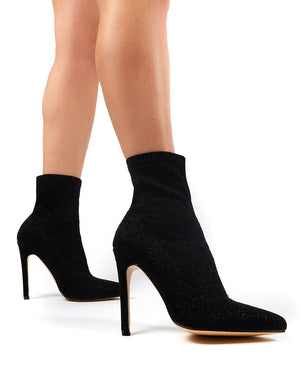 Glitz Black Glitter Sock Ankle Boot Heels