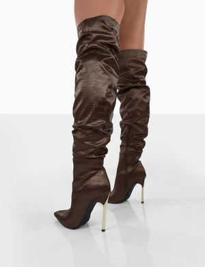 Energy Choc Croc PU Pointed Toe Over The Knee Heeled Boots
