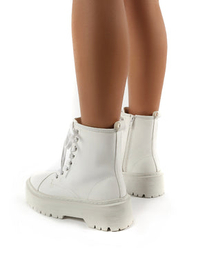 Blake White PU Lace Up Chunky Sole Ankle Boots