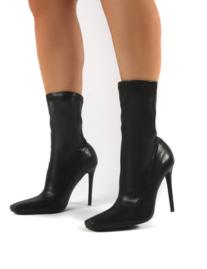 Everything Black PU Square Toe Sock Fit Stiletto Heeled Ankle Boot