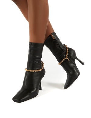 Sacci Black Chain Detail Square Toe Stiletto Heel Ankle Boots