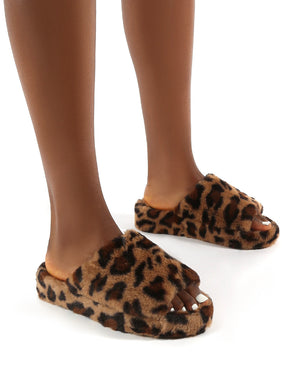 Snoozie Leopard Faux Fur Chunky Platform Sole Sliders