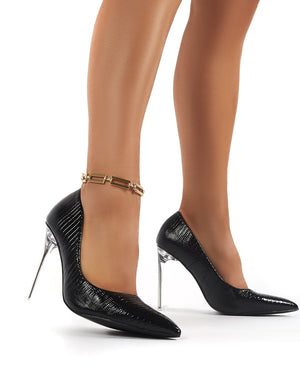 Distraction Black Snakeskin Court Clear Perspex High Heels with Gold Anklet