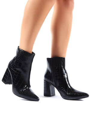 Empire Pointed Toe Ankle Boots in Black Croc