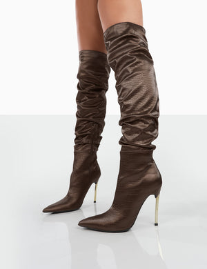 Energy Choc Croc PU Pointed Toe Over The Knee Heeled Boots