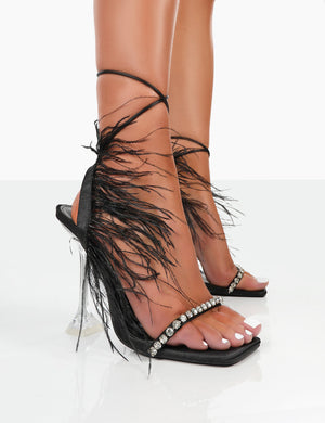 Serenity Black Fluffy Faux Feather Square Toe Dimante Party Heels