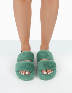 Bed Time Green Faux Fur Fluffy Strappy Slingback Slippers