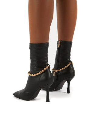 Sacci Black Wide Fit Chain Detail Square Toe Stiletto Heel Ankle Boots
