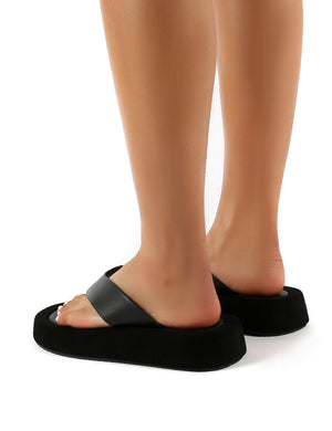 Voyage Black PU Thong Strap Chunky Sole Sandals