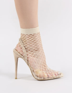 Wink Clear Perspex Fishnet Heels in Nude