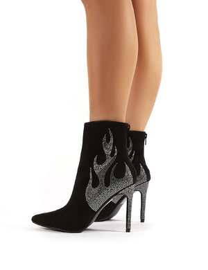 On Fire Black Suede Diamante Flame Heeled Ankle Boots