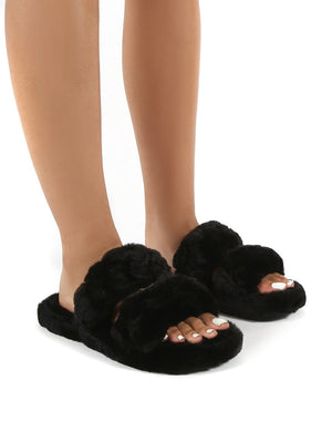 Minky Black Fluffy Double Strap Slippers