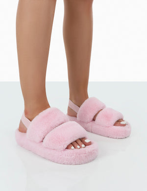 Bed Time Pink Faux Fur Fluffy Strappy Slingback Slippers