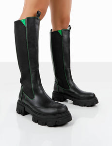 Kenza X Public Desire Survive Black Pu Chunky Sole Green Upper Knee High Boots