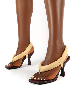Alina Chocolate PU Square Toe Padded Toe Thong Heels