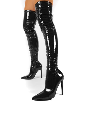 Confidence Wide Fit Black Patent Heeled Over The Knee PU Boot