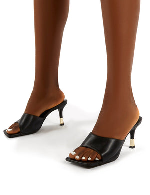 Vogue Black Gold Heel Detail Square Toe Mules Sandals
