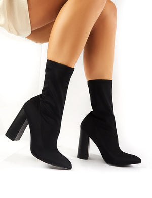Libby Flared Heel Sock Fit Ankle Boots in Black Stretch