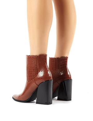Brianna Tan Croc Block Heeled Pointed Ankle Boots