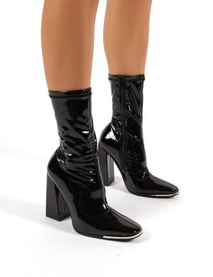 Lyza Black Vinyl Block Heeled Sock Fit Ankle Boots