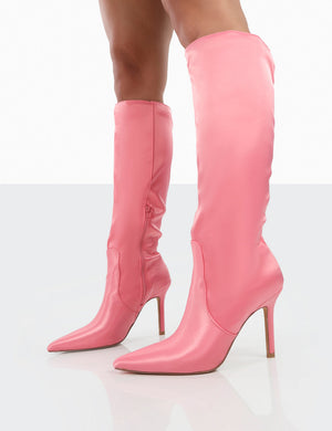 Best Believe Pink Satin Pointed Toe Heeled Knee High Boots