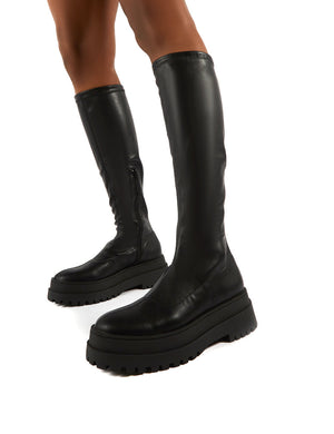 Haunt Black PU Knee High Chunky Sole Boots