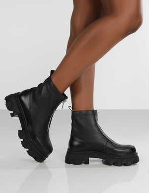 Direction Black Pu Zip Front Chunky Sole Ankle Boot