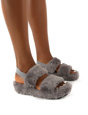 Dawn Grey Strap Back Faux Fur Fluffy Slippers