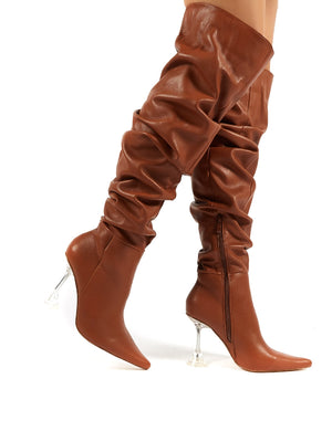 Adalee Tan PU Statement Heeled Slouch Over the Knee Boots