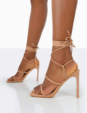 Chloe Nude Pu Strappy Square Toe Lace Up Heels