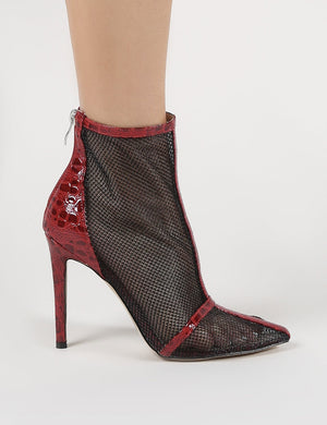 Aleisha Mesh Pointed Ankle Boots in Red Croc