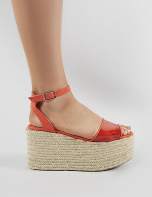 Tarini Clear Perspex Espadrille Flatform Sandals in Red