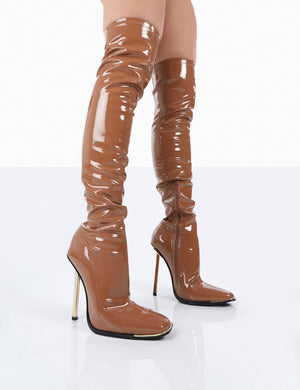 Kenza X Public Desire Vicki Choc Patent over the Knee Stiletto Heeled Boots