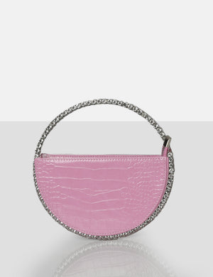 The Alessia Baby Pink Croc Circle Diamonte Mini Handbag
