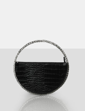 The Alessia Black Croc Circle Diamonte Mini Handbag