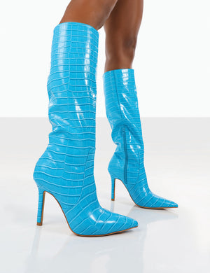 Kenza X Public Desire Rosalie Blue Croc Heeled Knee High Boots