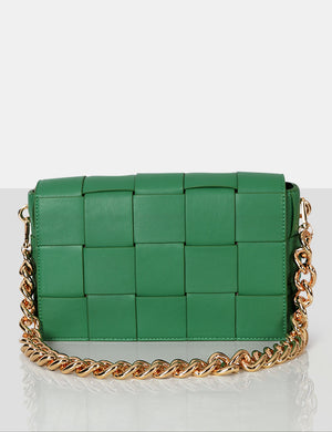 Mayan Green Weave Gold Chain Detail Shoulder Bag