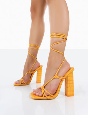 Berry Orange Croc Square Toe Strappy Lace Up Block Heels