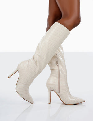 Kenza X Public Desire Rosalie Cream Croc Heeled Knee High Boots