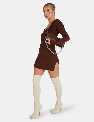KNITTED OFF SHOULDER MINI DRESS CHOCOLATE