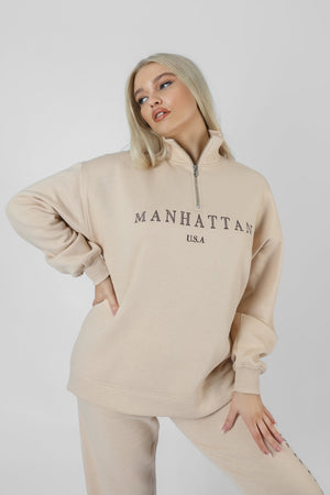 Manhattan Half Zip Pullover Sweatshirt Stone